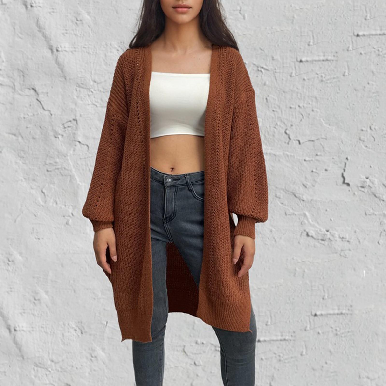 20/5000 Женский однотонный свободный трикотажный кардиган средней длины с длинным рукавом — фото 3