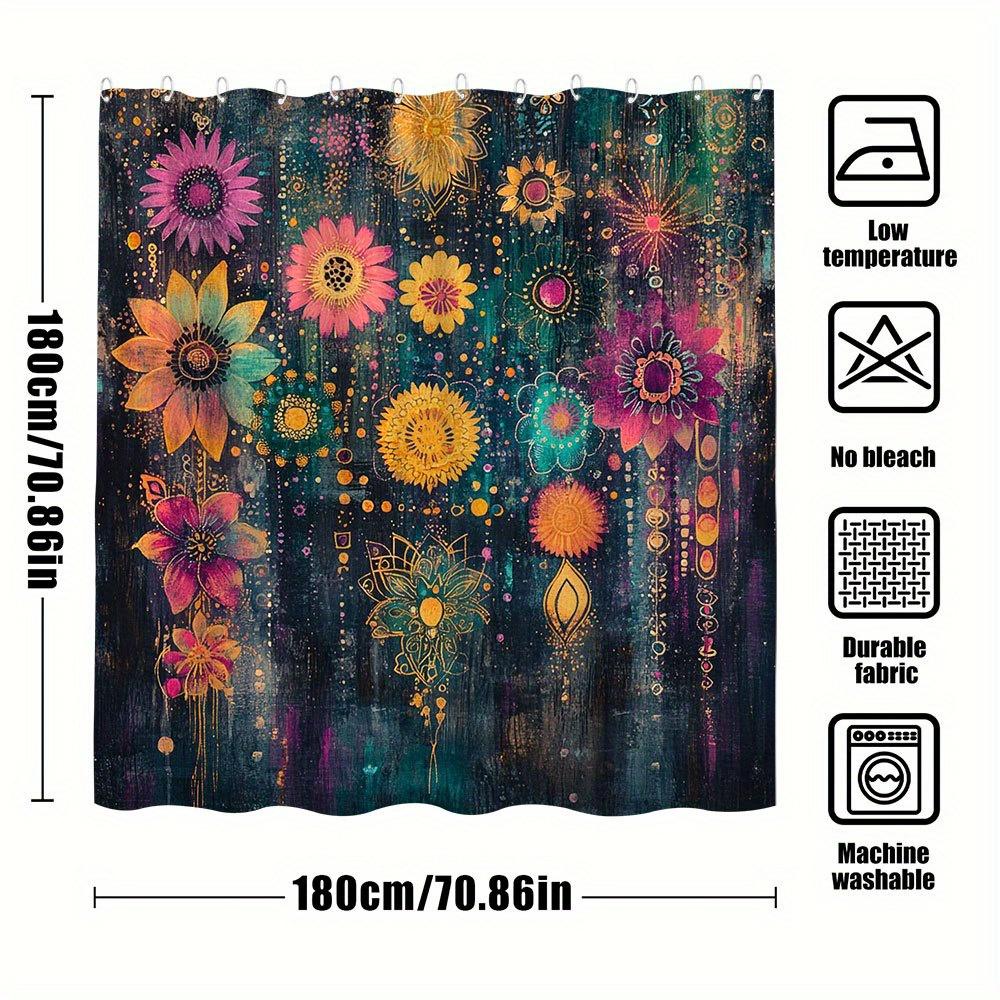 Eğlenceli Doğal Desenli Çiçekli Duş Perdesi, Ortaçağ Tarzı Banyo Dekorasyonu, Polyester Kumaş, 12 Kanca Dahil
