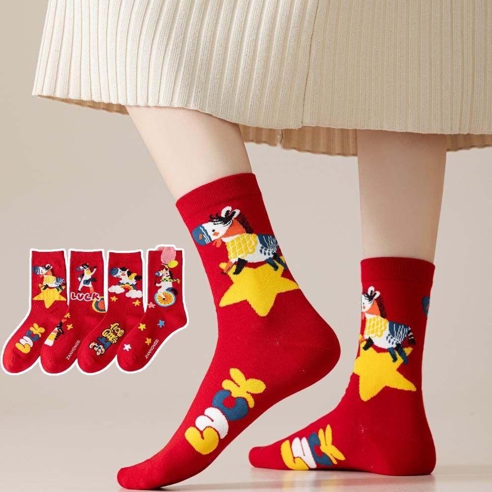 4Pairs Cotton New Year Red Socks Blessing Words Winter Red Socks Zodiac Horse Socks Gifts