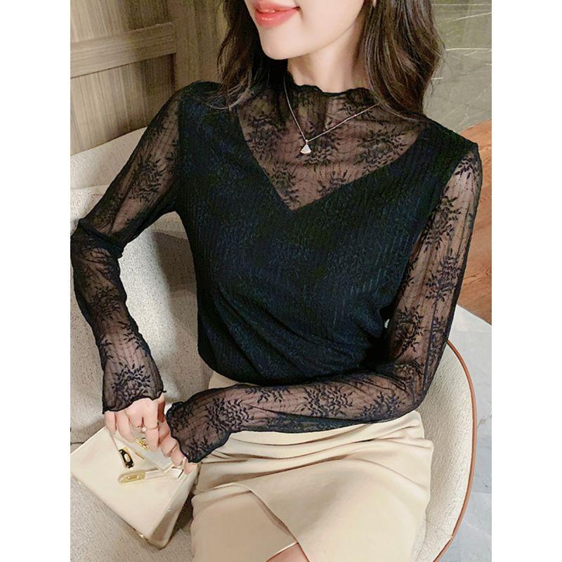 K-style Fashion Commuter Ol Stand Collar & White Sneaky Design See-through Slim-Fit Easiest for Match Long Sleeves T-shirt Lace Bottoming Shirt Spring