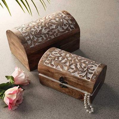 Set of 2 Wooden Decorative Handcrafted Jewellery Gift Box Trunk Treasure Chest 22.86 Cm