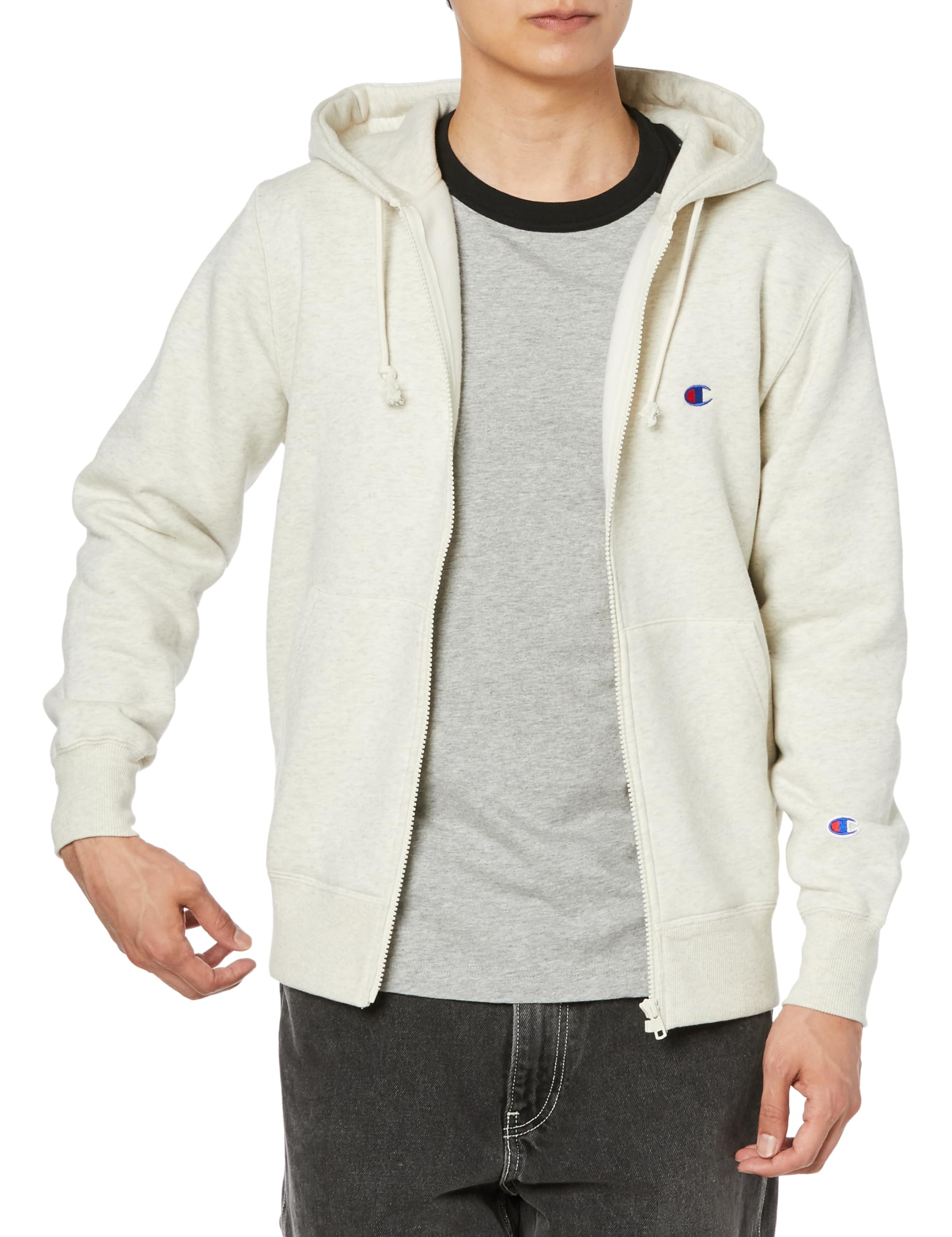 

Long Brushed COTTON USA One Point Zip Hooded Basic Oatmeal [Champion] Sweatshirt, Sleeve, Lining, Embroidery, Logo, Sweatshirt, C3-W106Z Men s
