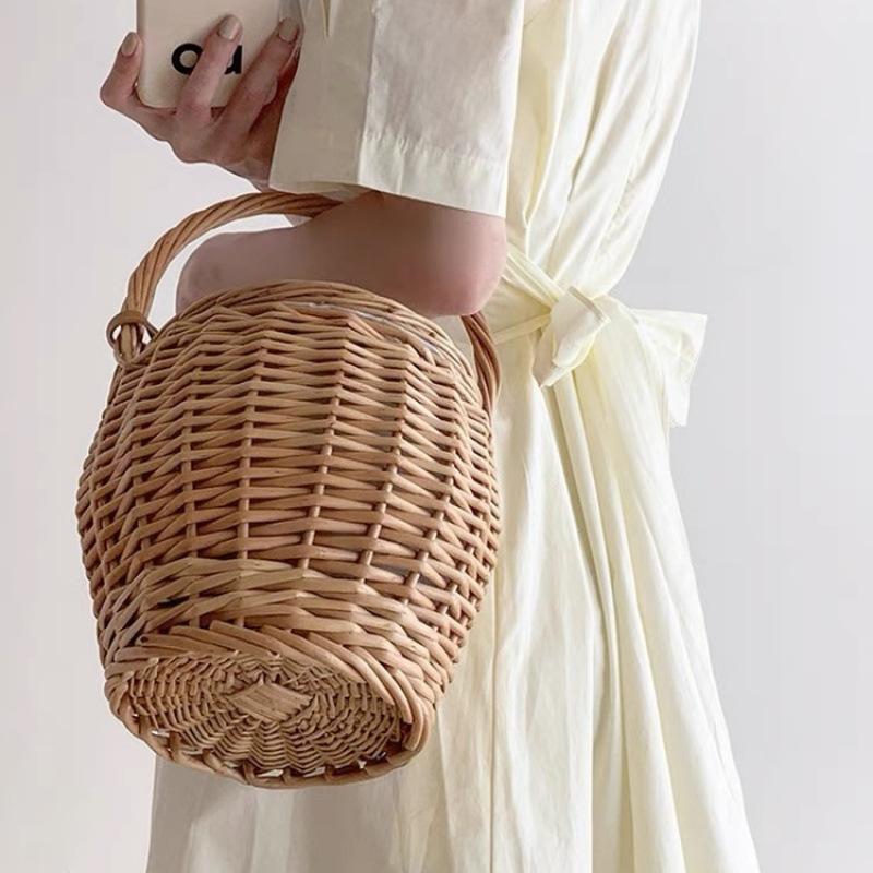 Wicker basket bag women summer beach natural rattan straw bucket totes handmade woven handbags 2026 new