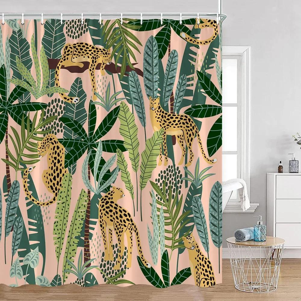 Tropisches Tier Duschvorhang Leopard Wildtier Flamingo Papagei Zebra Grüne Pflanze Palmenblatt Badezimmer Vorhang Dekoration