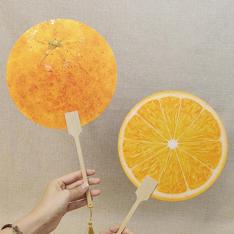 Ventilátor s potiskem melounu Melounový oranžový potisk Kulatý ventilátor s dřevěnou rukojetí Pro cestování v přírodě Kempování Lehký Pro léto