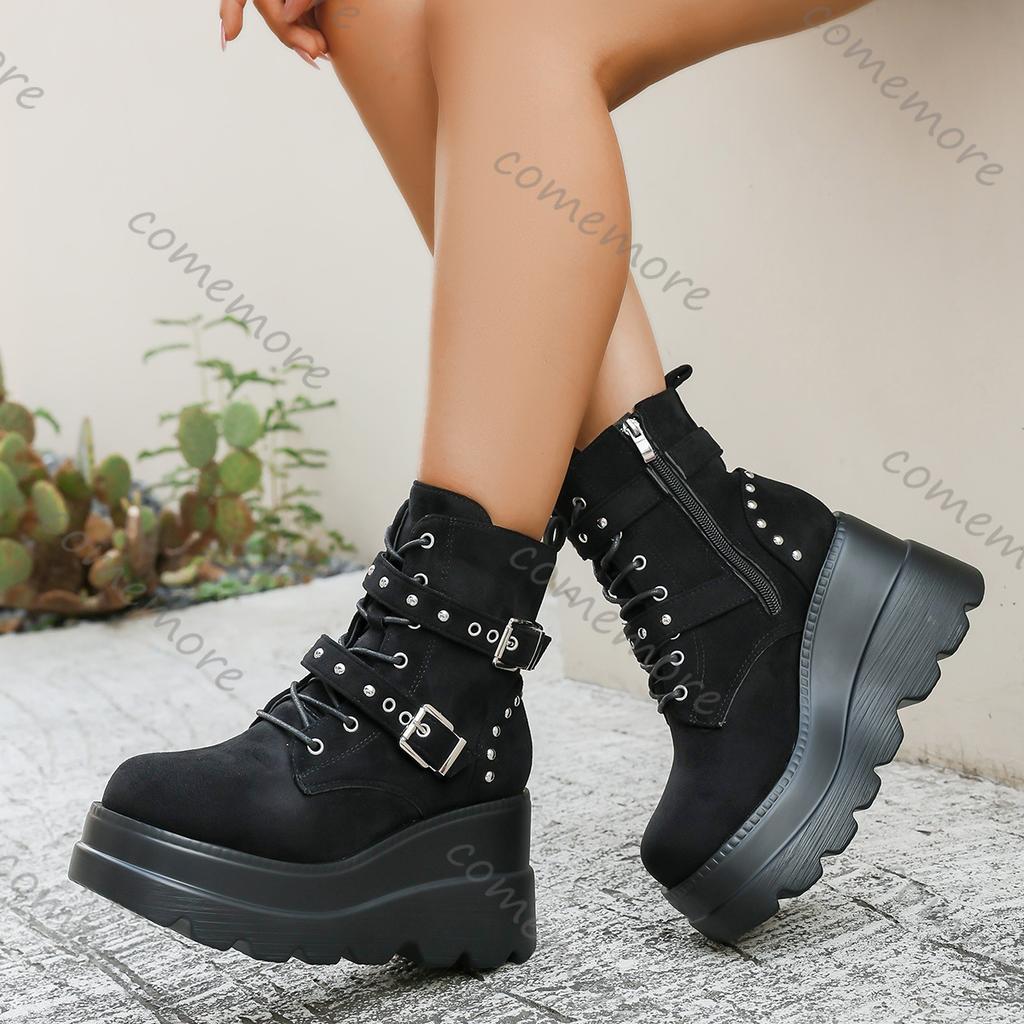 Fashion Comemore Wedges Platform Ankle Boots for Women Autumn Round Toe Lace Up High Heels Women's Shoes Gothic Punk Motorcycle Botas