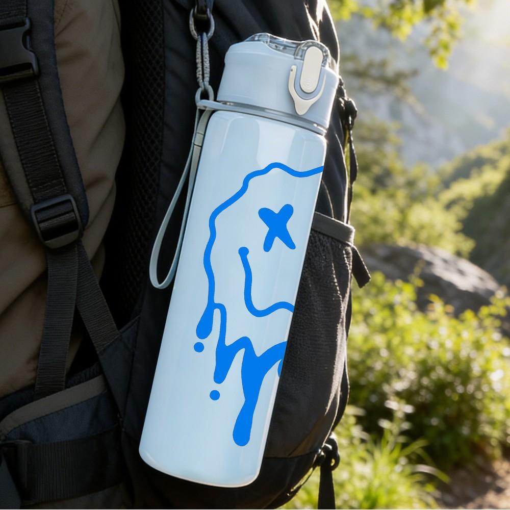 1PC Drippy Smile Melting Face Print 750ml Color Plastic Sports Water Bottle Leakproof Flip Straw Lid Suitable for Sports Office Home Use