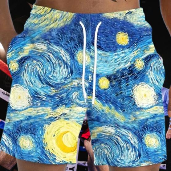 Van Gogh Starry Night Muay Thai Boxing Kickboxing Shorts 3D Print Training Unisex Men Women Quick Dry Fitness Gym Sport Workout Casual Streetwear