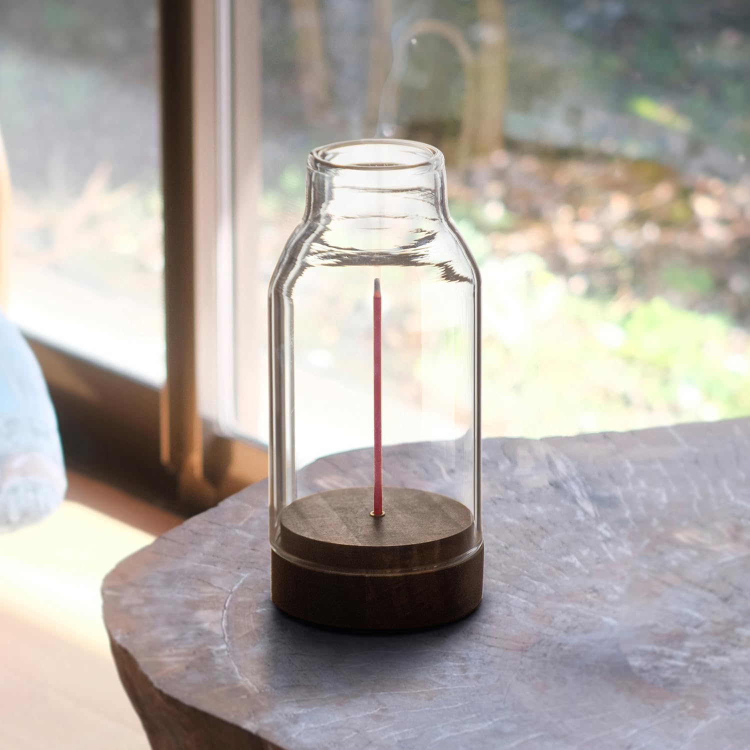 

Incense glass and incense flower clear holder, wood, no-spill holder, vase,