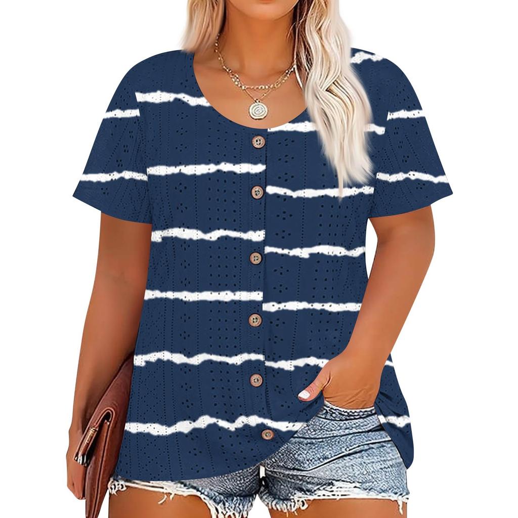 Übergröße Damenmode Lässig Vintage Bedruckt O-Ausschnitt Kurzarm Knopf T-Shirt Top