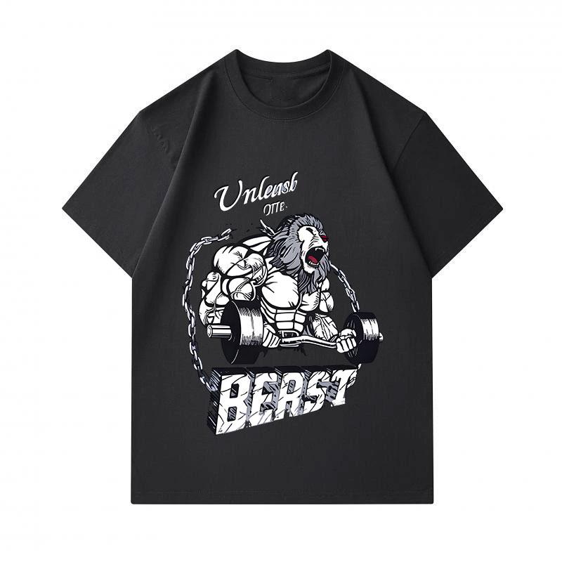 Men's 100% Cotton Crew Neck Short Sleeve T-Shirt, Unleash The Beast Muscular Lion Weightlifting Print Casual Fitness Workout Top