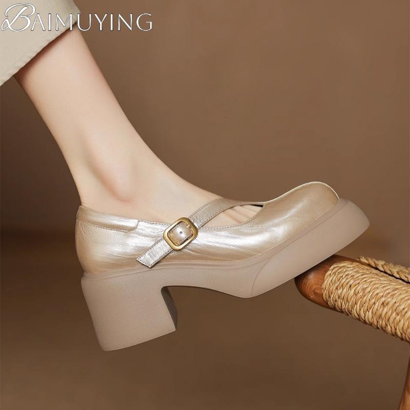 Platform High Heels Woman Shoes Marie Janes Women's Sandals 2025 Summer Shallow Chunky Shoes Soft Leather Elegant Dress Pumps