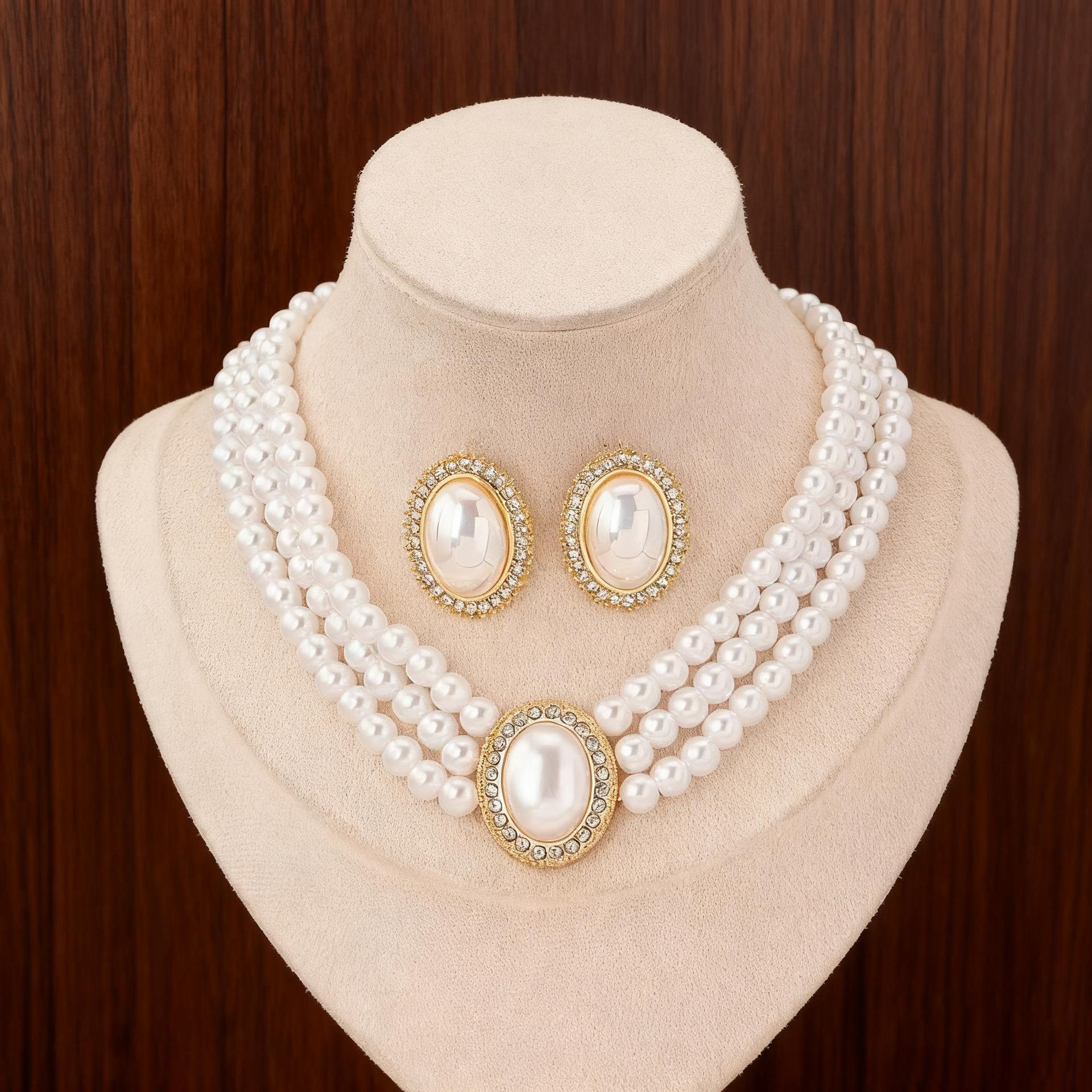 

Vintage Oval Super Flash Pearl Bridal Necklace Women s Style Dress Wedding Dress Stud Earrings Necklace Set білий