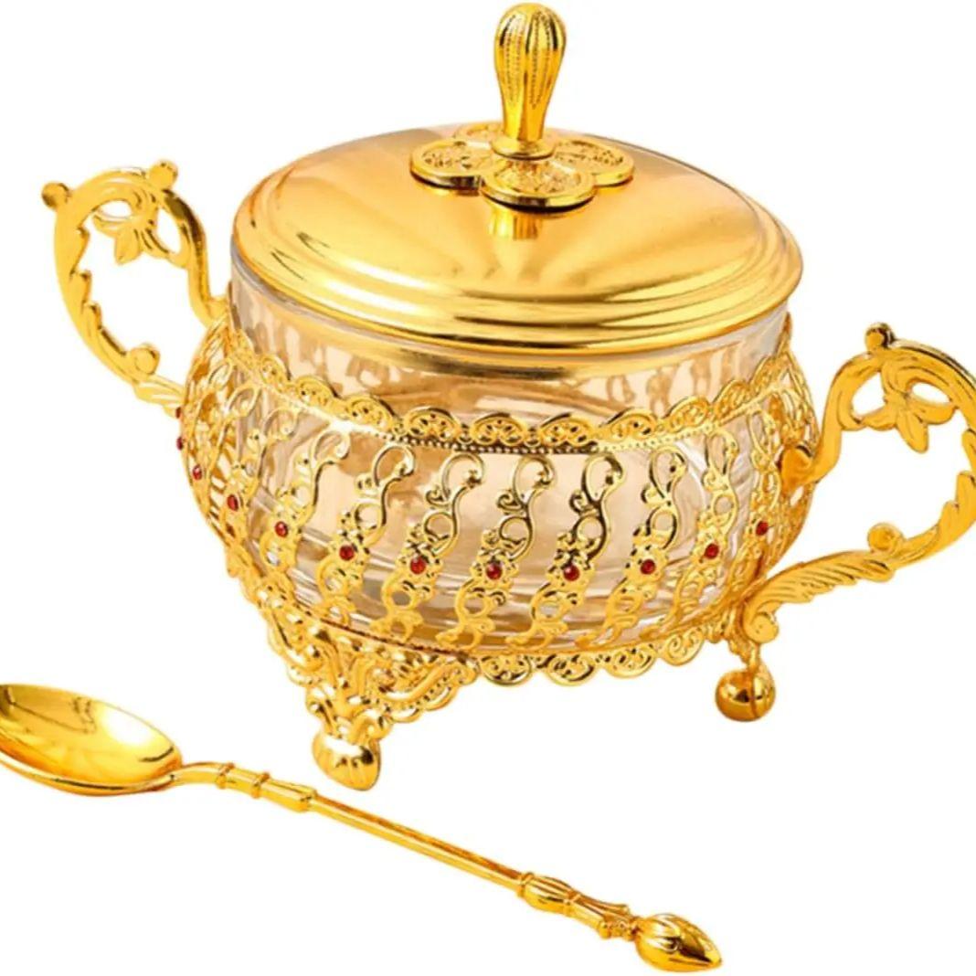 

Sugar Bowl with Lid and Spoon Gold Glass Seasoning Spice Jar Candy Jar Set for Kitchen Coffee Bar Wedding Party