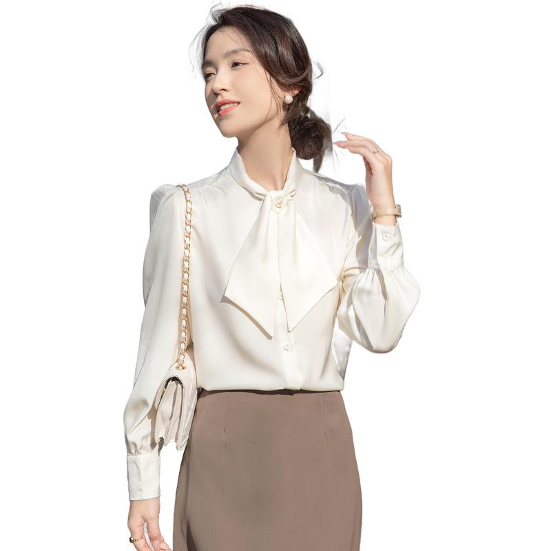 Women's Satin Long Sleeve Shirt with Ribbon Bow and Stand Collar - Spring 2026 Commuting Style.
