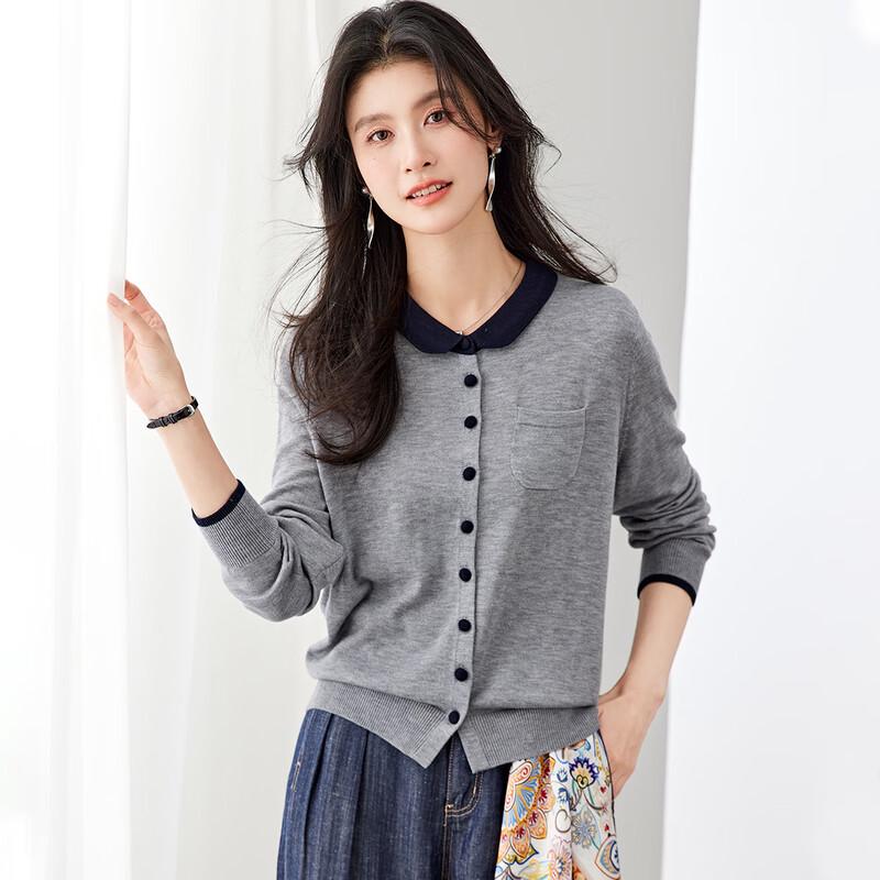 Jinju Women s Color Block Doll Collar Cardigan Sweater (Silk Blend) L