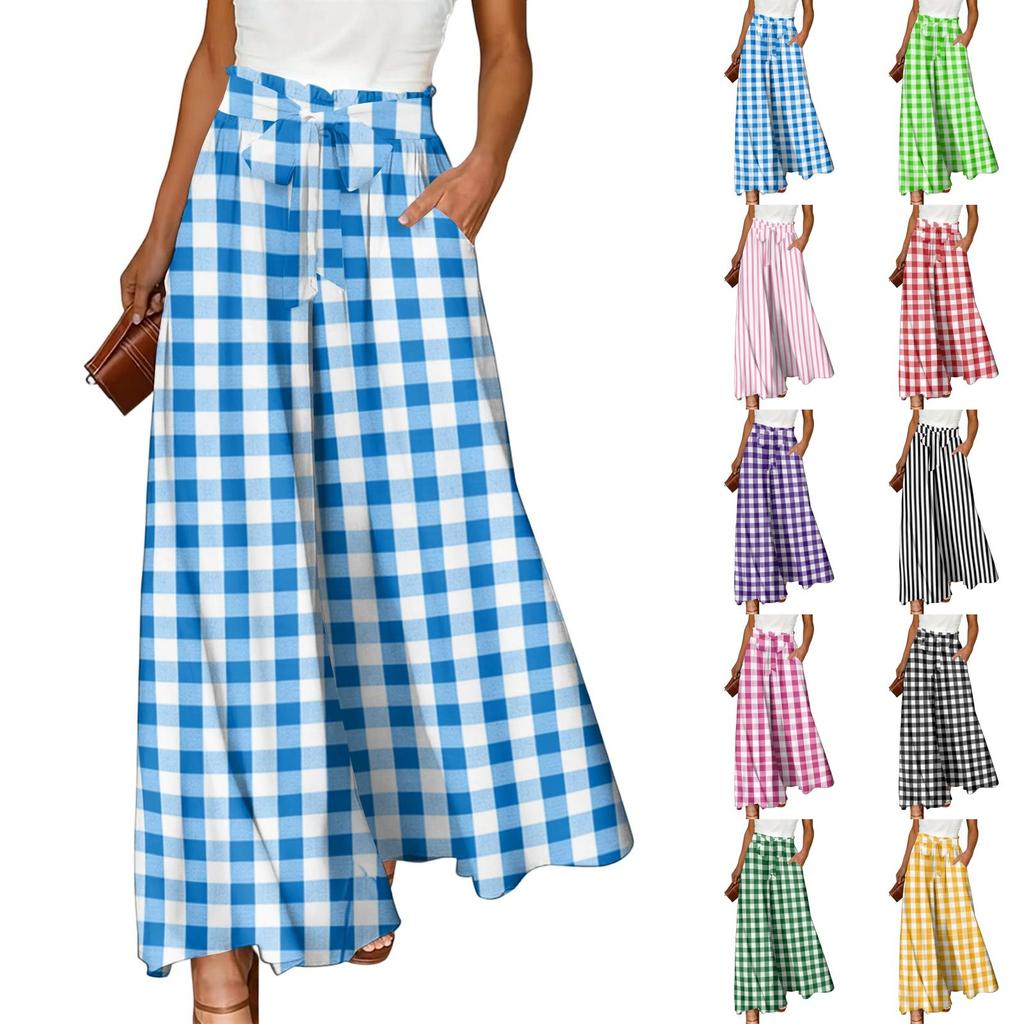 Women's High Waist Wide Leg Pants with Striped Plaid Print Casual Loose Fit Trousers with Tie Belt and Pockets for Everyday Wear