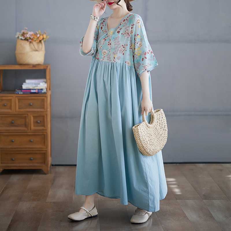 Cotton and Linen Summer Patchwork Retro Style Dress Long Skirt