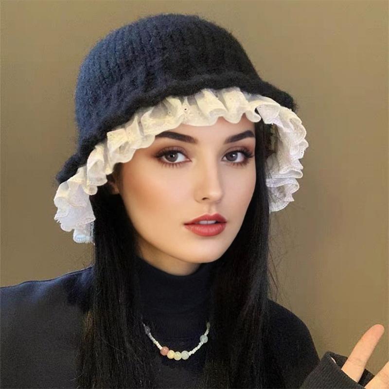 1PC Knitted Slimming Hat Oversized Fisherman Hat Fashionable Lace Elegant Trimmed Korean Bucket Warm 53-60cm