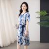 Mom Summer New Mulberry Silk Dress Women's Short-sleeved Temperament V-neck Printed Silk Medium and Long Skirt