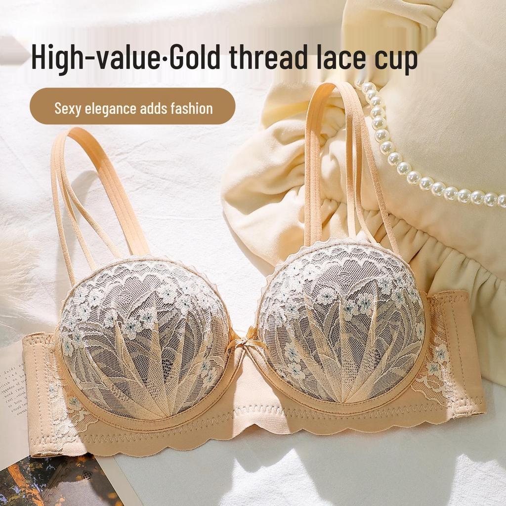 Sujetador de Lencería Push Up de Encaje Media Copa para Pecho Pequeño y Plano, Sin Aros, Anticaída, Relleno Extra Grueso.