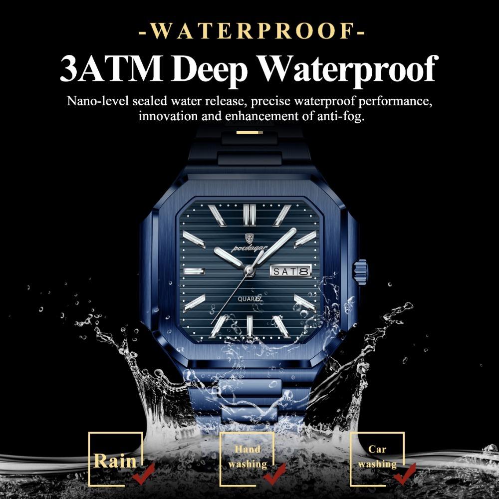 POEDAGAR Luxury Watch Waterproof Luminous Date Week Quartz Men's Watches Stainless Steel Fashion Square Men Watch