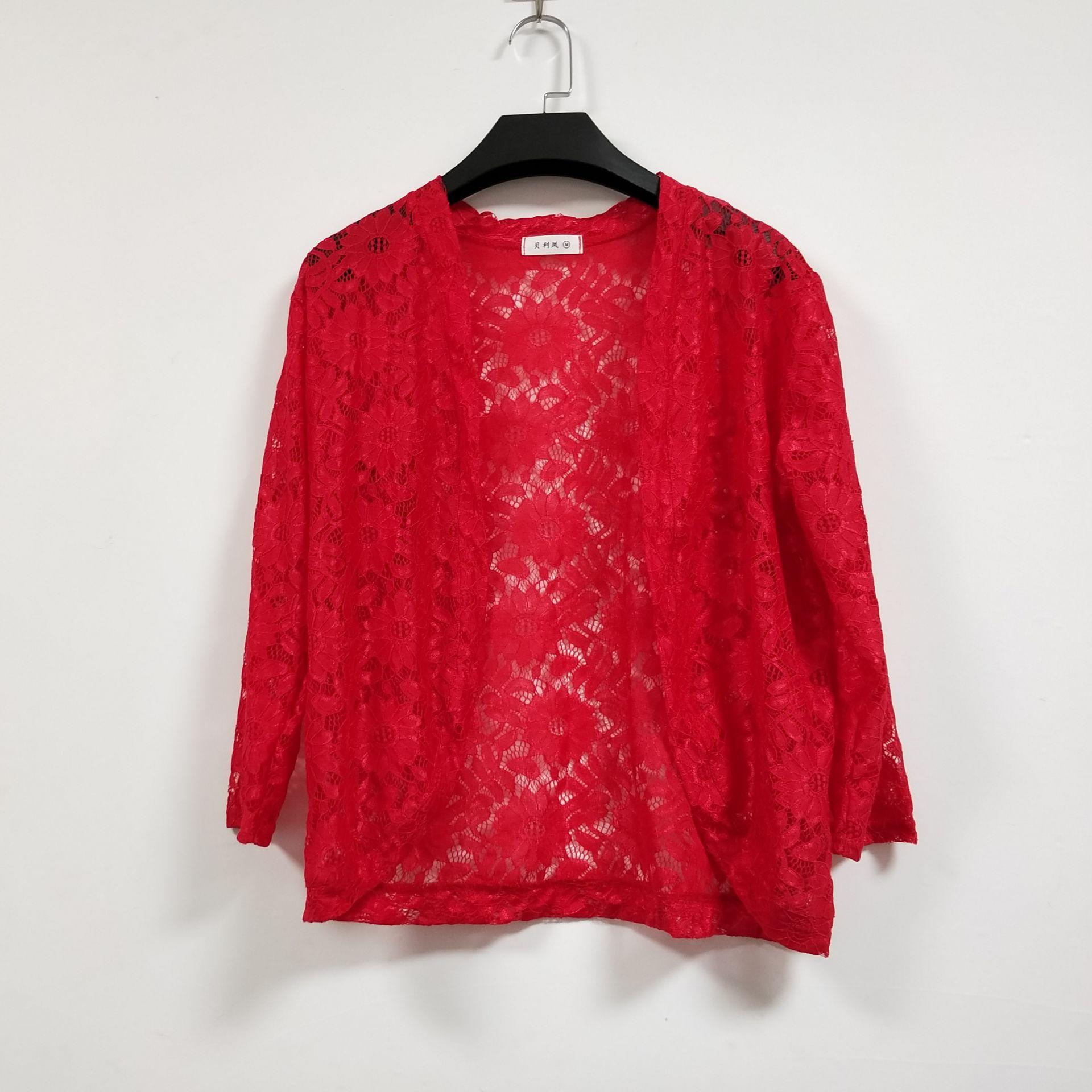 

Кружевной кардиган, тонкое пальто, женское, летнее, корейское, облегающее, большого размера, рукав семь четвертей, шаль, топ, универсальная, солнцезащитная рубашка 2XL красный