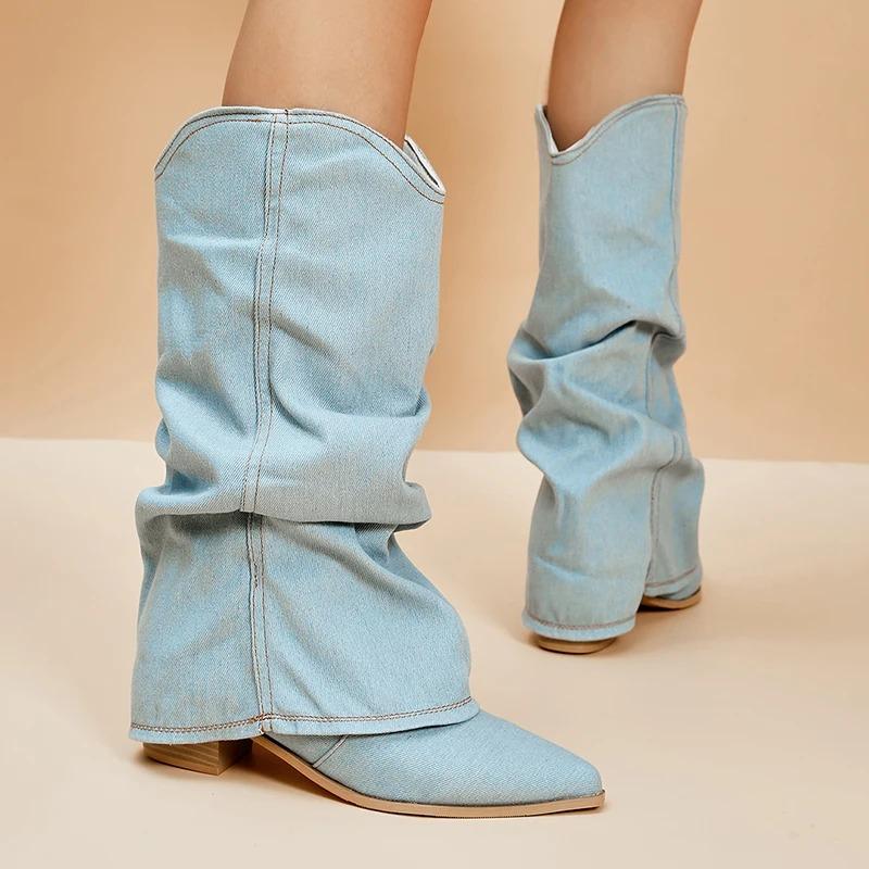 Modische plissierte Kniehohe Stiefel für Damen Spitzschuh Blockabsatz Cowboy-Stiefel Frau Herbst Winter Denim Lange Stiefeletten De Mujer