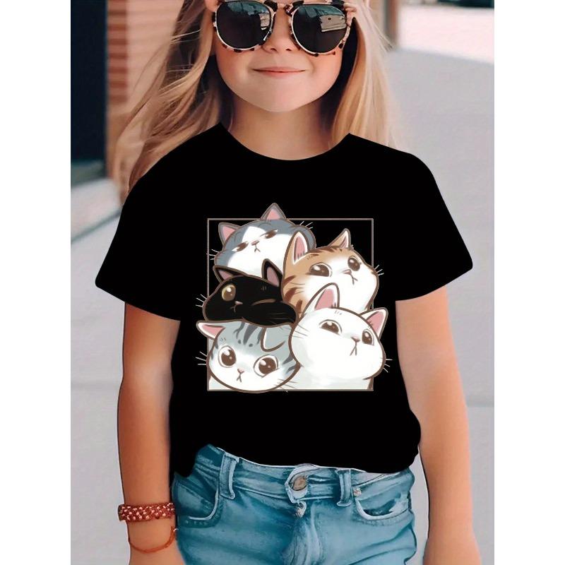 Summer Fashion Short-Sleeve T-Shirt for Girls Featuring a Print of Five Cute Kittens Perfect for Casual Wear