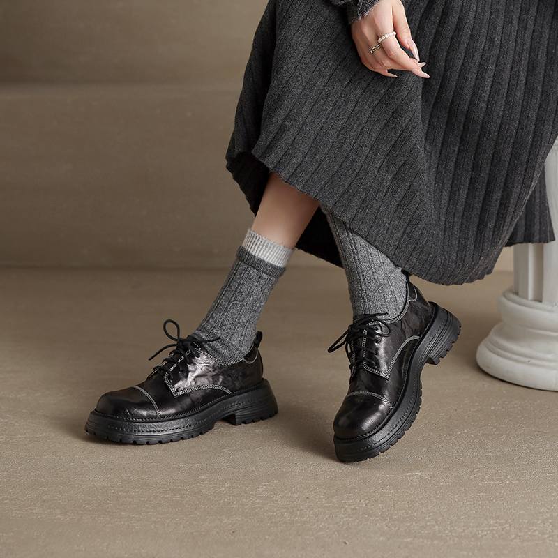 

Krazing Pot Sheepskin Round Toe Med Heels Lace Up Spring Autumn Shoes Big Size 41 Preppy Style Oxford Women Pumps 34 чёрный