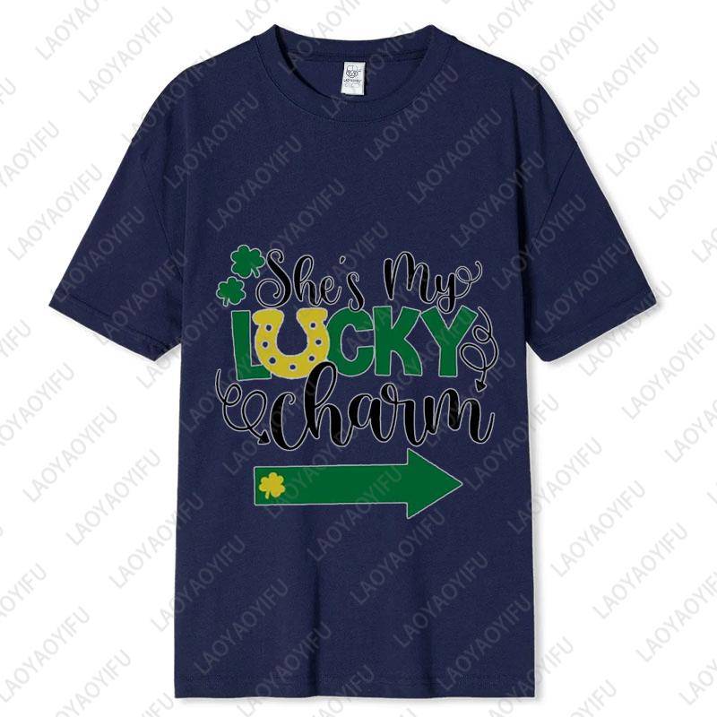 St Patrick Couple Matching Unisex Adult Tshirts Shes My Lucky Charm Shirt Cute Lovers Clothes Husband Wife Gift Printed Tops S