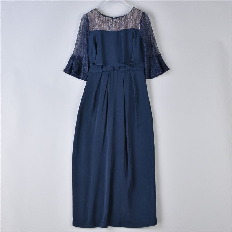 

216 Высококачественное платье из лоскутов с кружевной атласной поверхностью для женщин 74527 Рукав-колокольчик, рукав до локтя, приталенный силуэт, вечернее платье, длинное платье 2 Black All yards