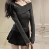 Core-spun Yarn Washing Water, Spice Girl Slim Fit with Irregular Cross-over Off-the-shoulder Knitted Sweater Women's Autumn and Winter Primer Sweater