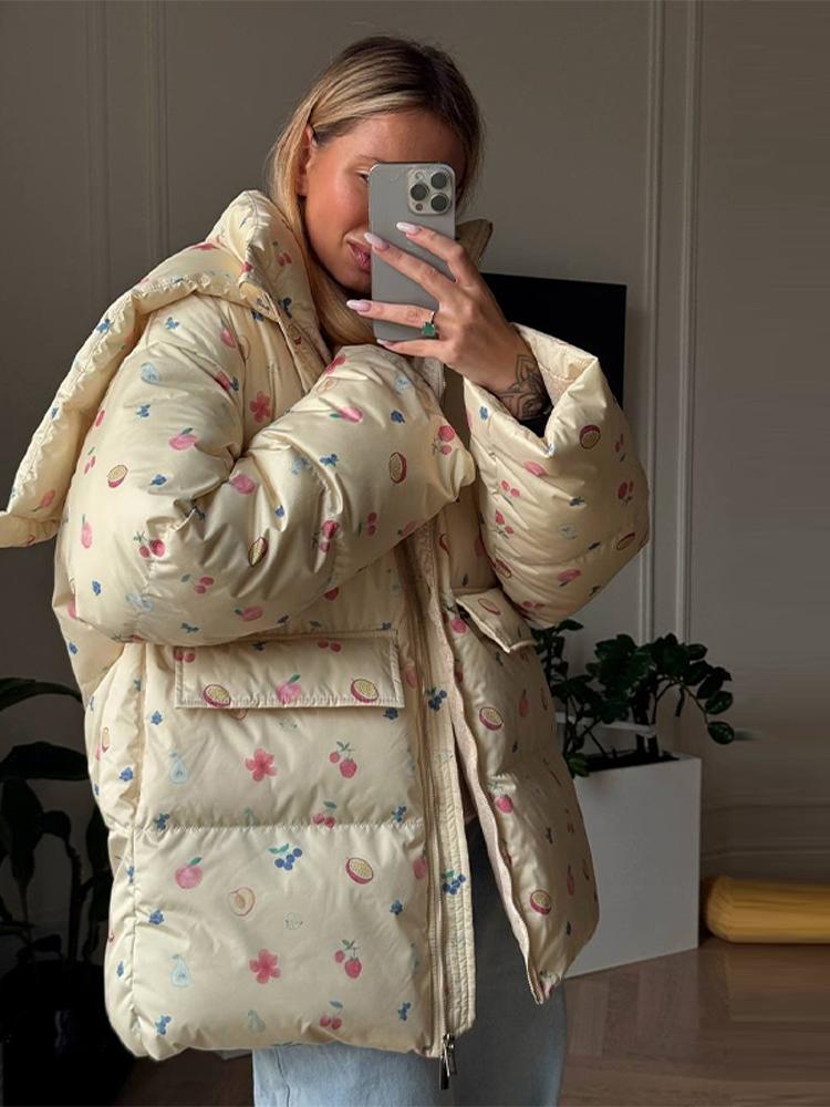 Women's Oversized Stand Up Collar Large Pocket Down Jacket Women's Winter Warm Fashionable Jacket Women's Hooded Printed Down Jacket 2025