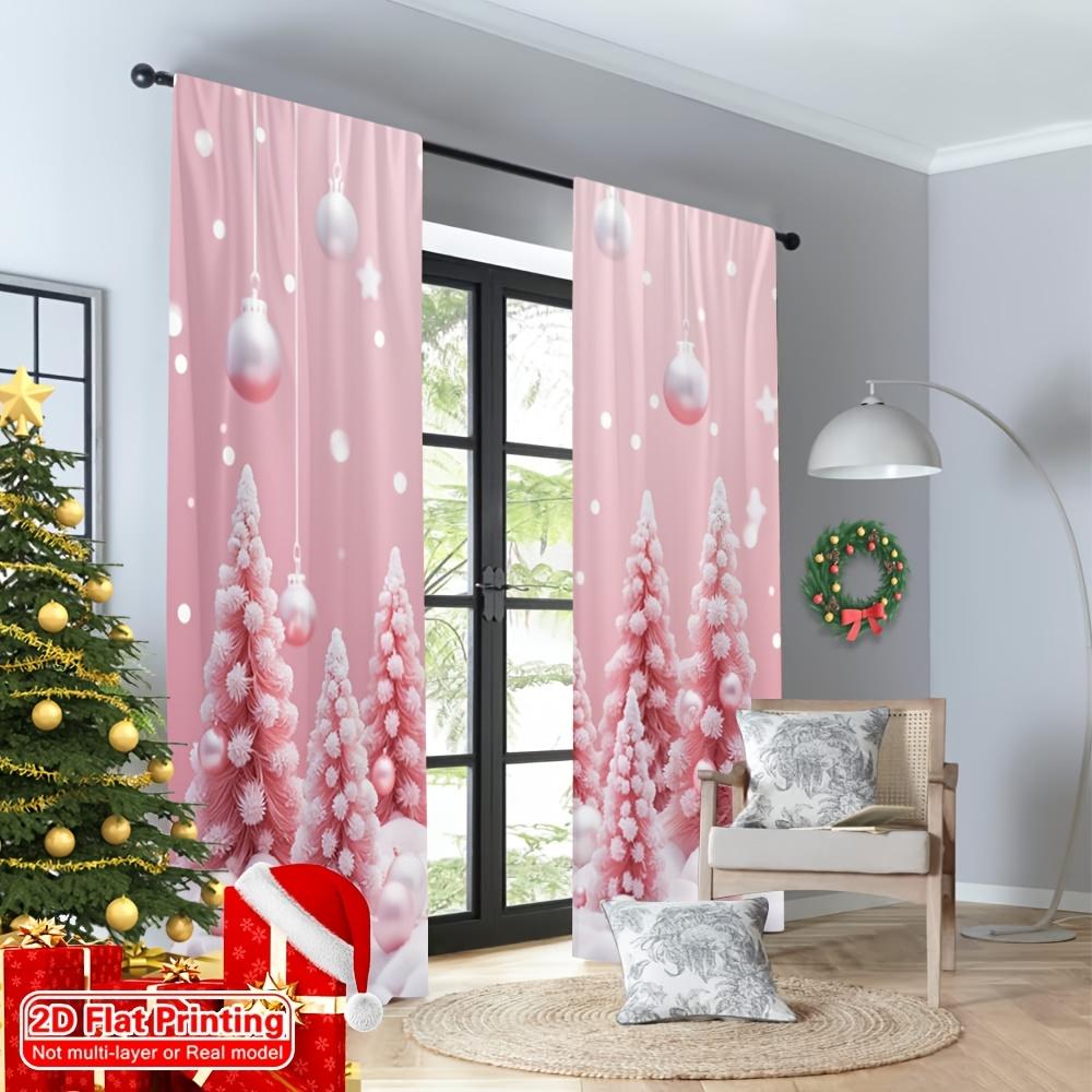 2PCS Christmas Winter Curtains, Pink Christmas Tree Snow Baubles, Digital Print, Bedroom Living Room, Rod Pocket, Home Decor