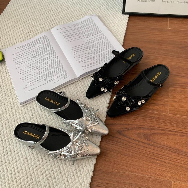 Women's Butterfly Knot Head Cover Half Slippers Crystal Embellished Flat Shoes Outdoor Wear Spring Summer Silver Color