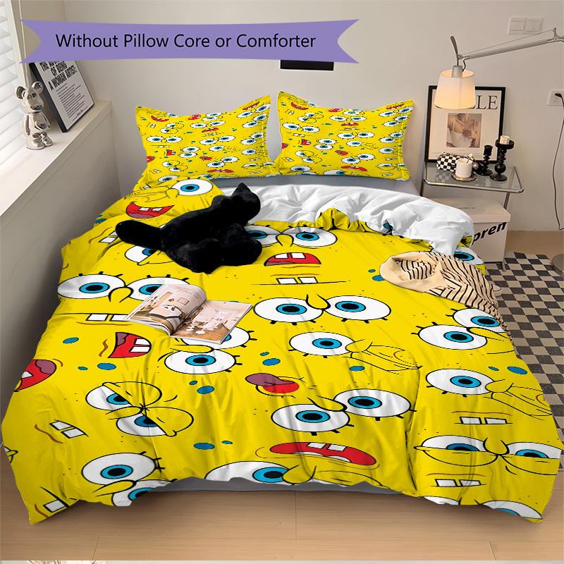 3pcs Bedding Set SpongeBob Expressions Includes 1 Comforter + 2 Pillowcases, Without Pillow Inserts, Soft Comfortable, Lightweight Breathabl