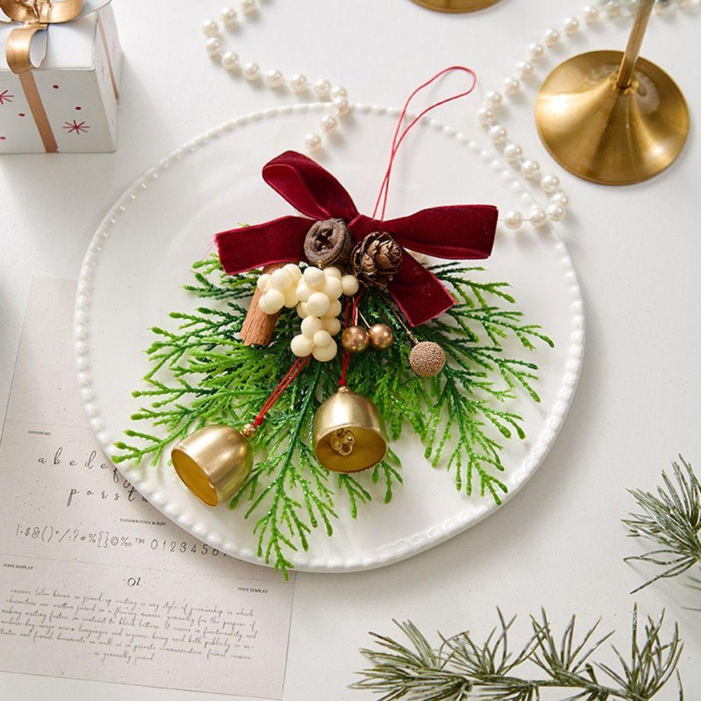 Fabric Red Velvet Bow Pendant Plastic Bell Christmas bell decoration Pine Cone Hanging Tree Hanging Ornament