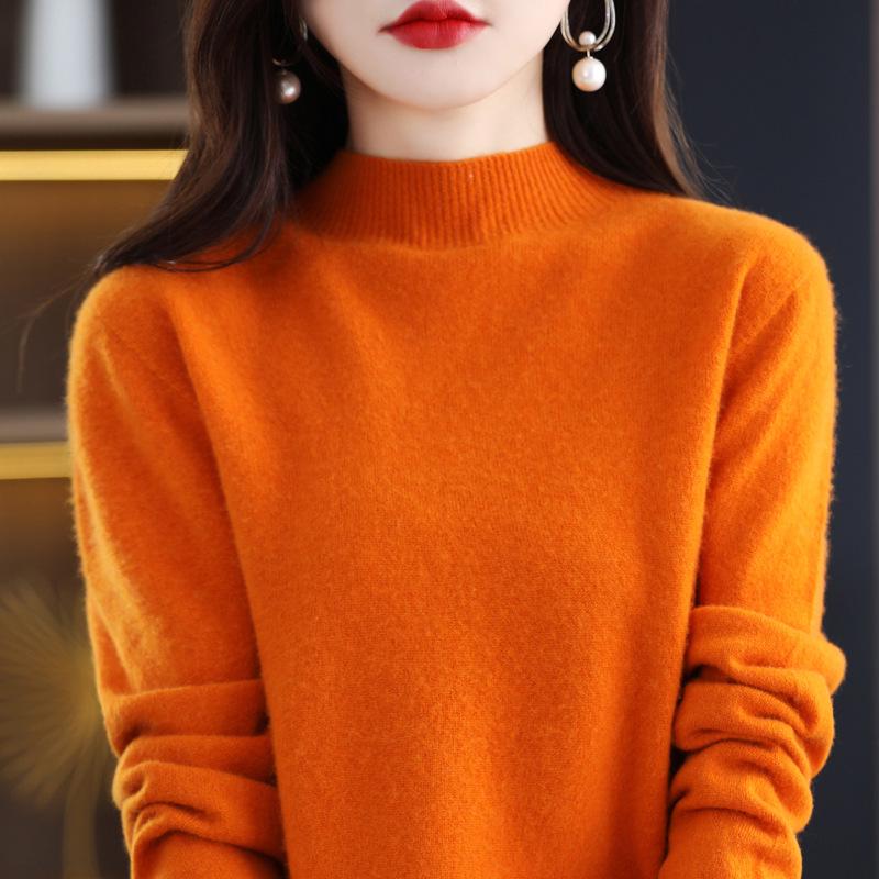 Women's Seamless Pure Wool Sweater: Half-High Neck Pullover, Loose, Warm, Slimming Knitwear.