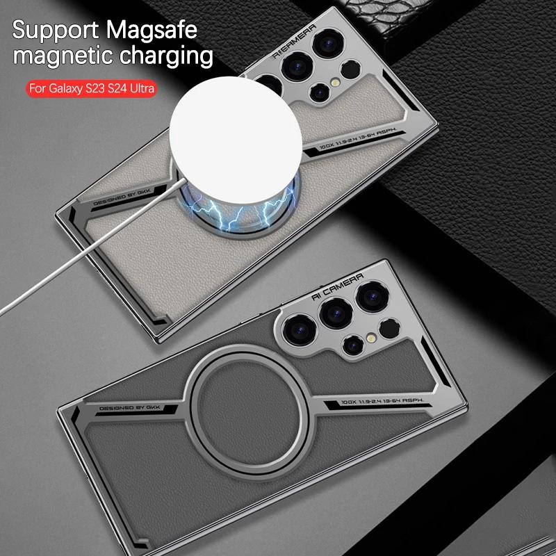 Luxus Galvanisiert Einfache Leder Handyhülle Für Samsung Galaxy S25 S24 S23 Ultra Magsafe Magnetische Kabellose Lade Schutzhülle