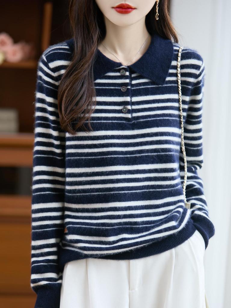 Retro Striped 100% Wool Polo Sweater - Elegant Slimming Knitwear for Women