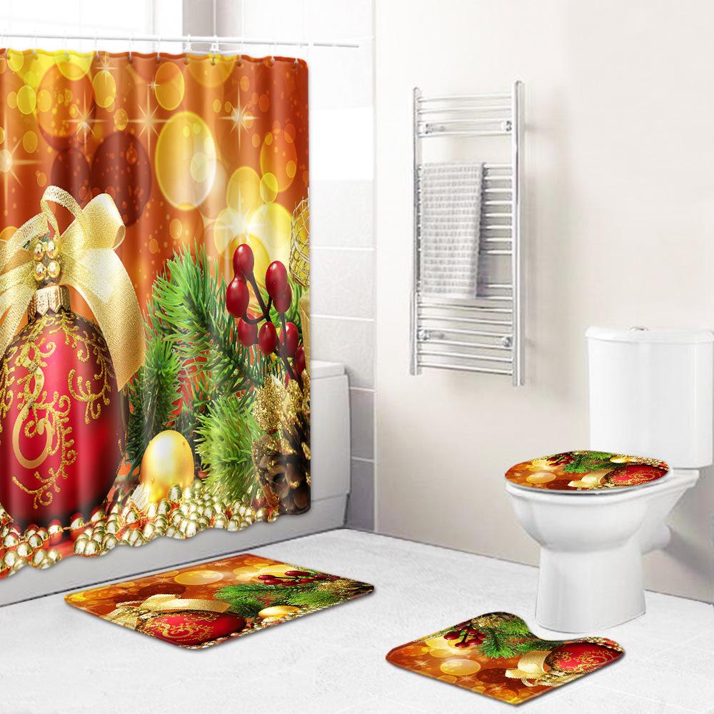 Christmas Shower Curtain Floor Mat Combination Four-Piece Set Bathroom Toilet Carpet Shower Room Mat Foot Mat