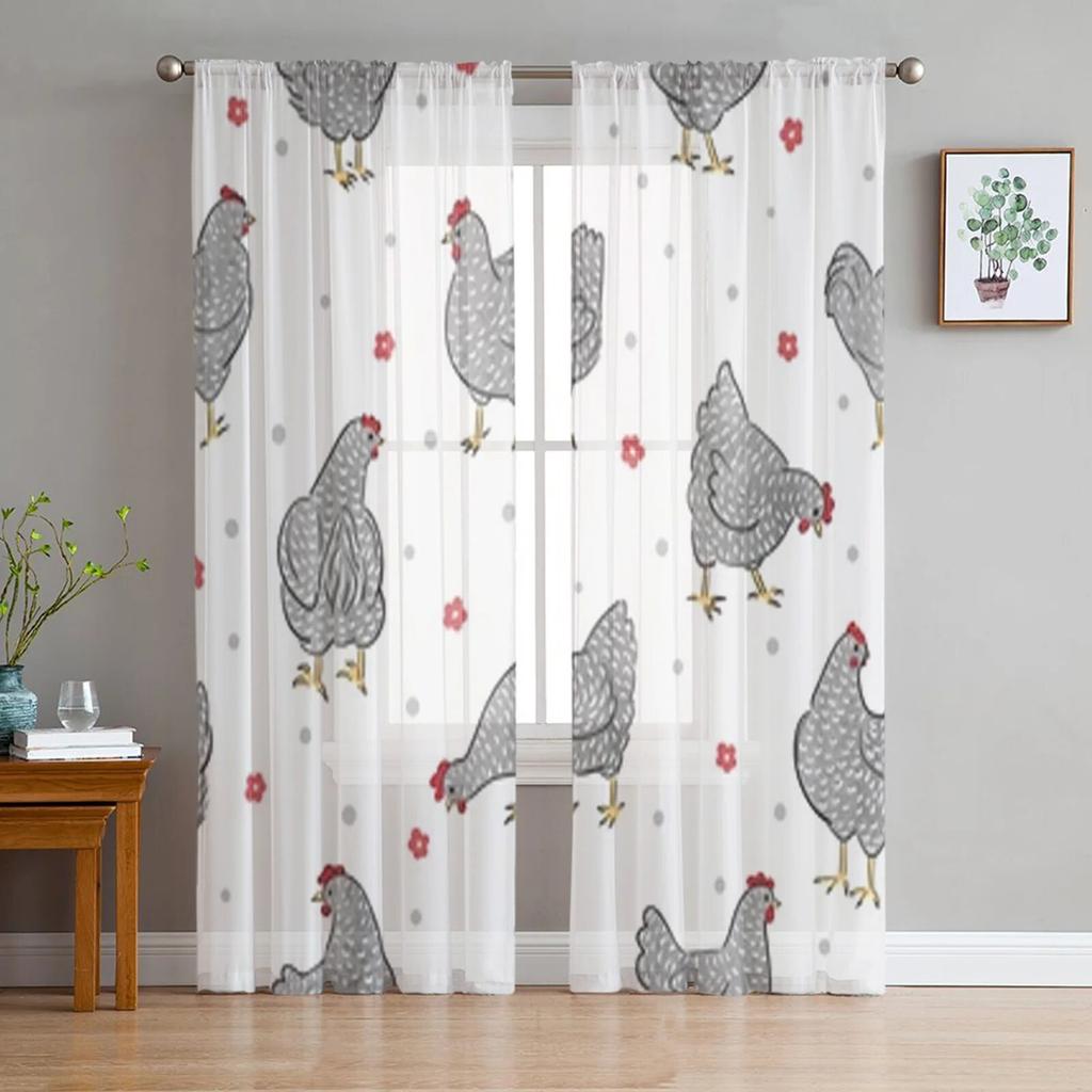 Transparente Vorhänge mit Hühnermuster für Wohnzimmer, Kinderzimmer, Tüllvorhänge, Küchenfenster, Behandlungsvorhänge