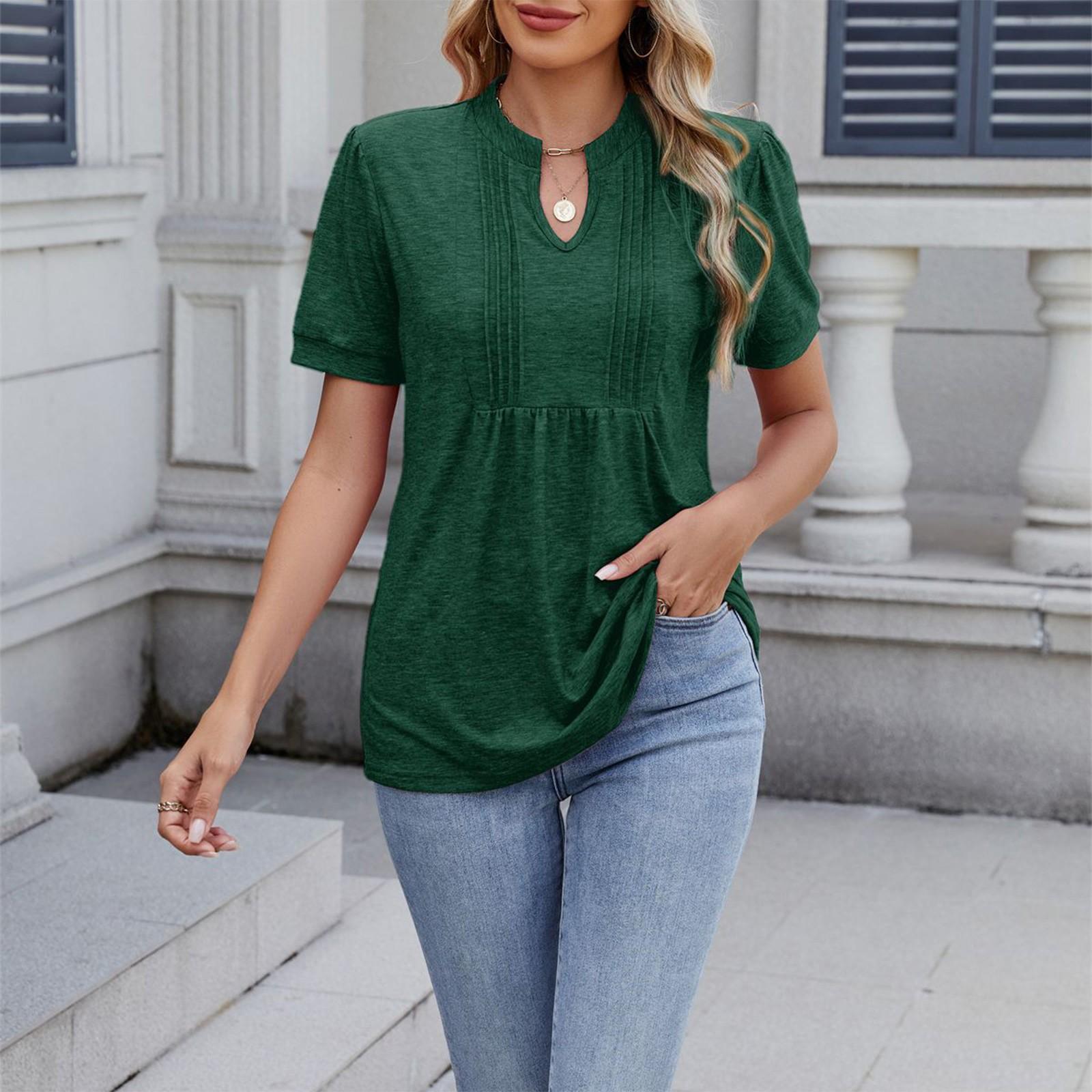 

Весна и лето Новые однотонные плиссированные полосатые футболки с короткими рукавами и V-образным вырезом для женщин M