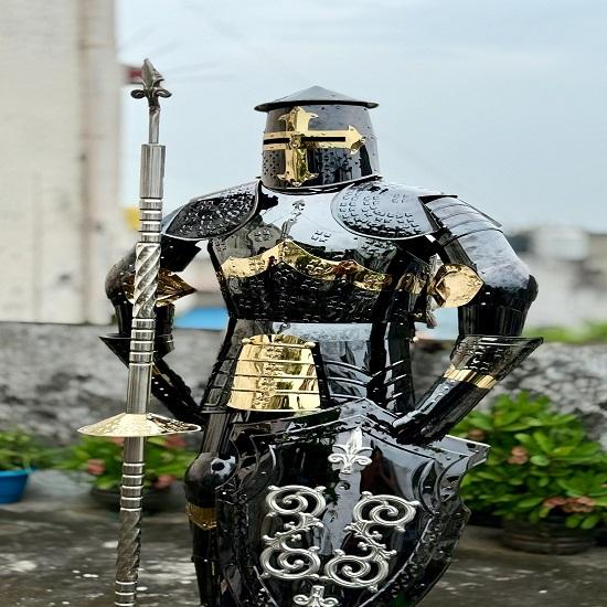 Full Body Templar Knight Armor Black Stainless Steel Suit with Mirror Finish Stand for Cosplay, LARP, Display And Reenactment Use