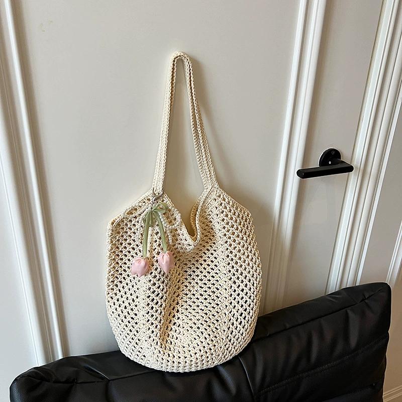 Borsa a Spalla da Donna Lavorata a Maglia Colore Unito Estetica Borsa Hobo Grande Capacità Borsa a Shopper all'Uncinetto Borsa a Mano Quotidiana da Donna KTB
