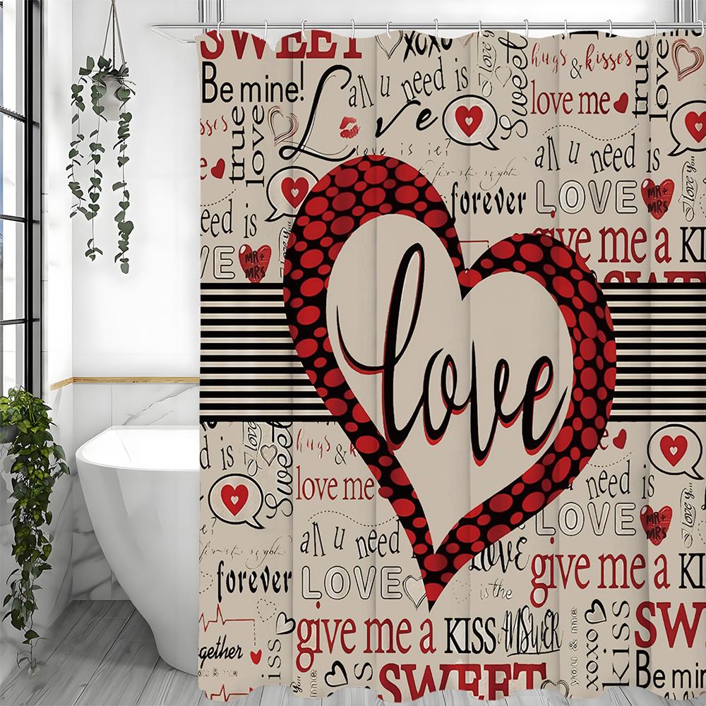 Valentine's Day Love Text Shower Curtain, Bathroom Decorative Shower Curtain, Waterproof Shower Curtain with Hooks