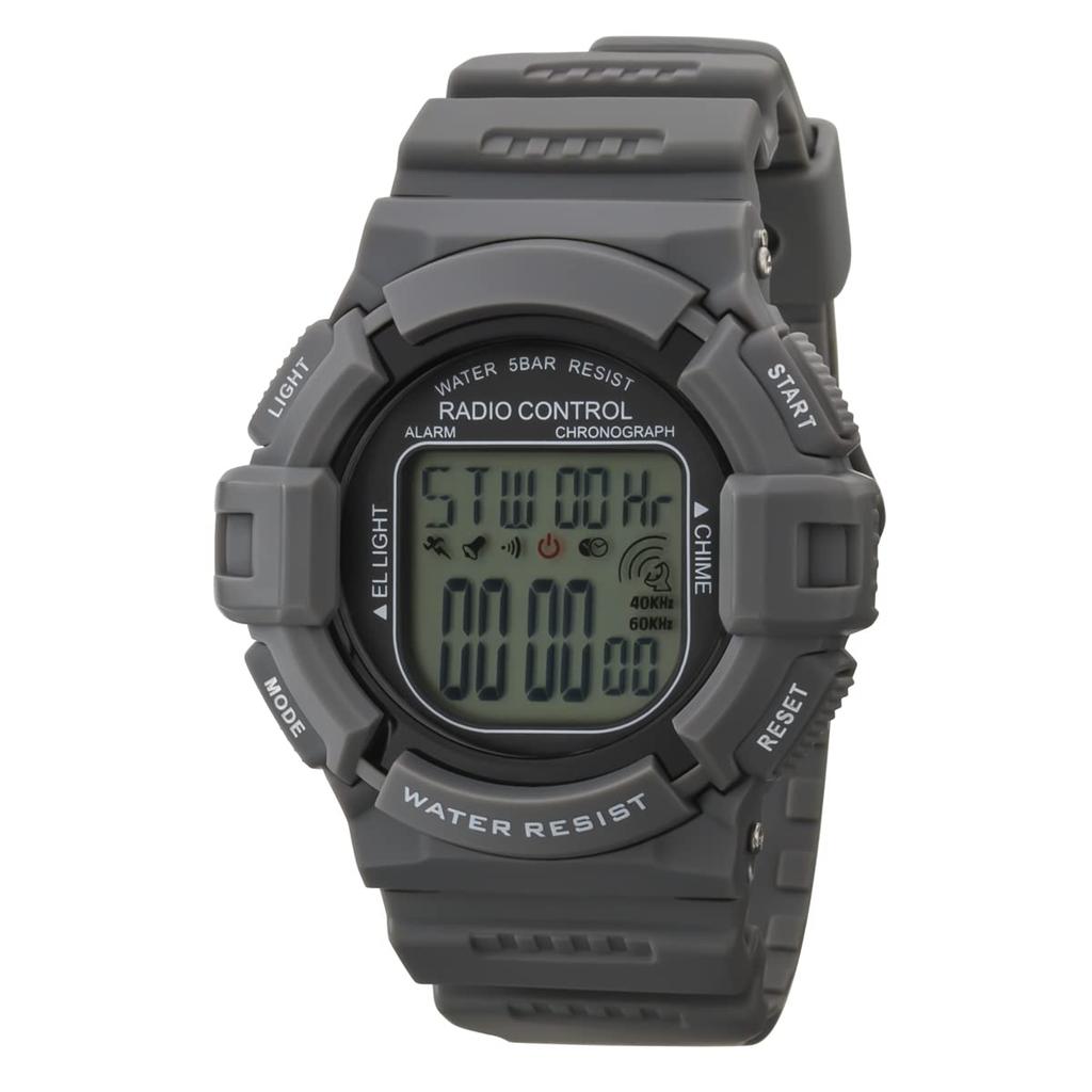 CREPHA TELVA Digital Water Resistant to 5 Urethane Sports Model Watch, Multi-Function, Radio-Controlled, ATM, Stopwatch, Strap, Gray, Men's,