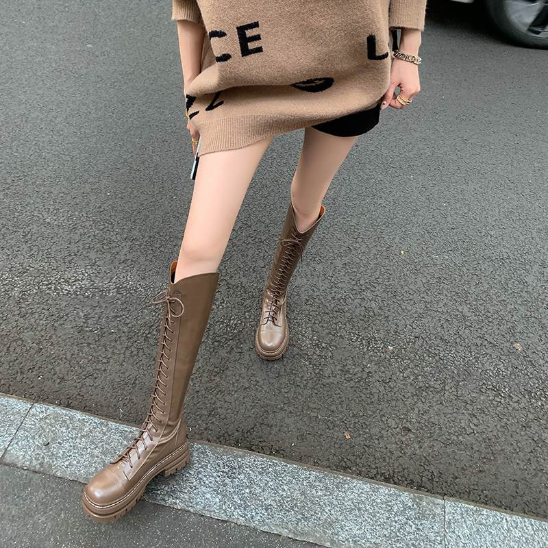 Krazing Pot Buty Jesienno-Zimowe ze Skóry Naturalnej Europejski Design Średnie Obcasy Kozaki Jeździeckie Kobiety Utrzymują Ciepło Kozaki do Uda