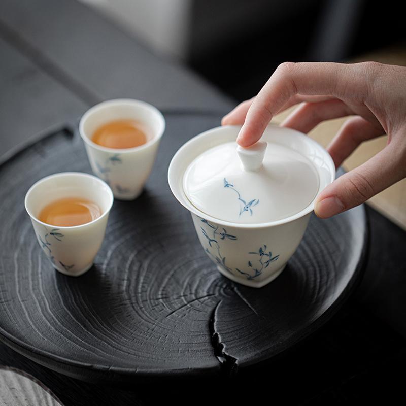 Porcelain Hand-painted Orchid Gaiwan Cover Bowl White and Blue Ceramic Tea Making Bowl Chinese Style Simple Tea Cup